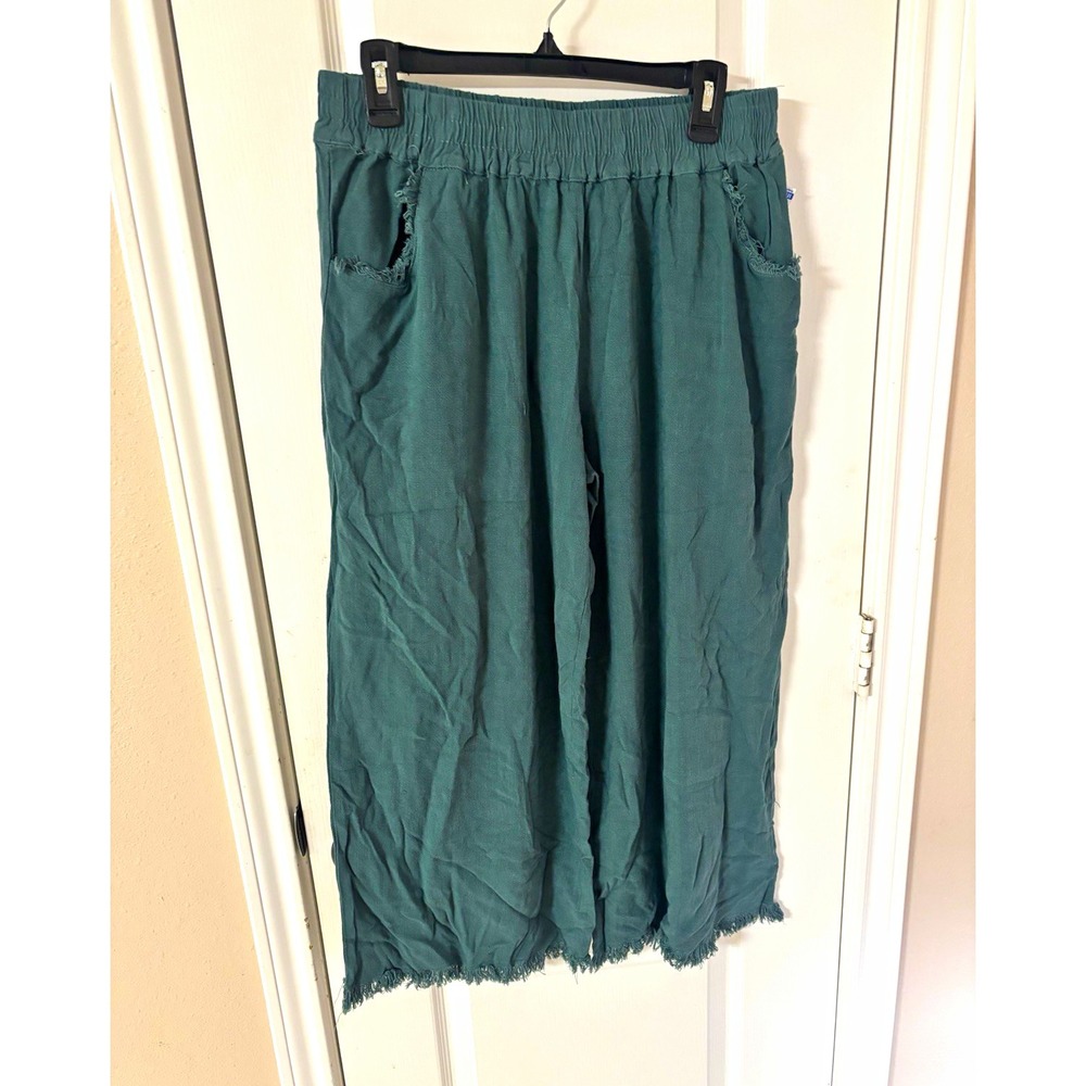 UMGEE Women's M Teal Linen Cotton Pull-On Boho Cropped Pants Fringe Pockets NWT